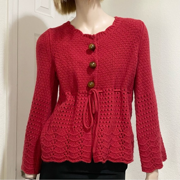Anthropologie Sparrow Red Wool Blend Angora Crochet Knit Cardigan Sweater Size S - Picture 1 of 13